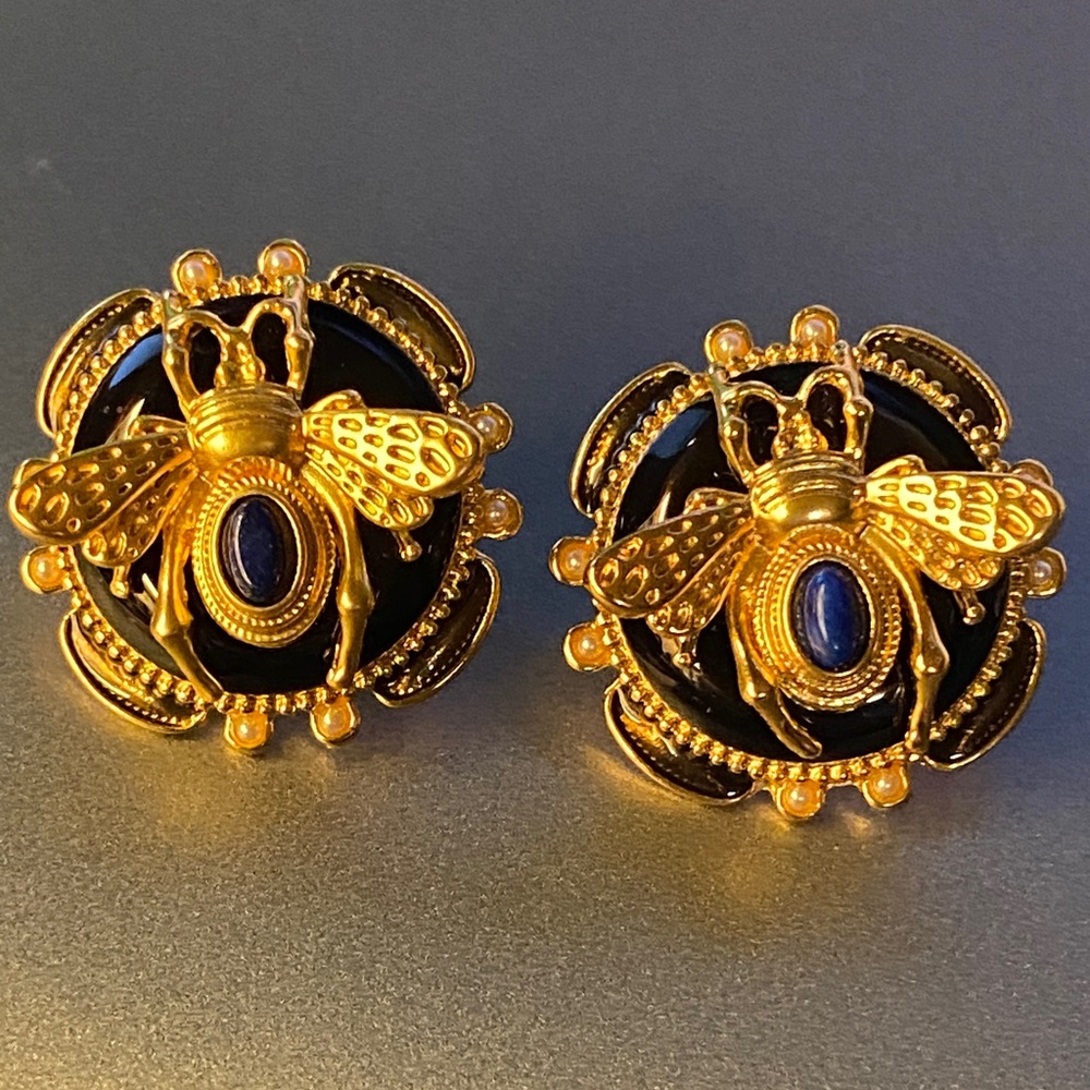 Gold Bee Lapis Stud Earrings